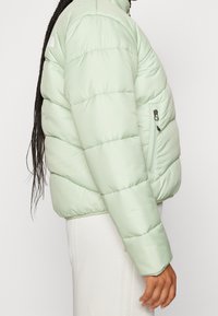 Jasnozielona kurtka puchowa z pikowanymi sekcjami, wysokim kołnierzem i zapinaną na zamek kieszenią na rękawie. Gładki, błyszczący materiał zewnętrzny.