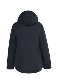 Donker marineblauwe hooded jack met een gladde textuur, voorzien van een afgeronde zoom en lange mouwen, ontworpen voor warmte en bedekking.