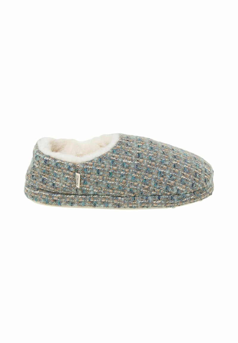 Gray and blue patterned slipper with a soft, fluffy white inner lining and rounded toe, featuring a subtle brand tag on the side.