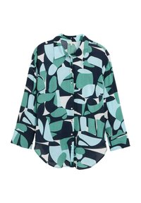 Chemise boutonnée avec un motif abstrait vert et marine, à manches longues et à coupe décontractée. Fabriquée en tissu léger avec une texture douce.