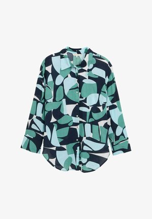 Koszula z guzikami z zielono-granatowym abstrakcyjnym wzorem, z długimi rękawami i luźnym krojem. Wykonana z lekkiego materiału o miękkiej teksturze.