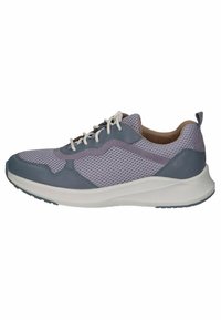 Light purple sneakers featuring mesh and synthetic leather materials, a cushioned sole, and contrasting gray accents. Lightweight with a rounded toe.