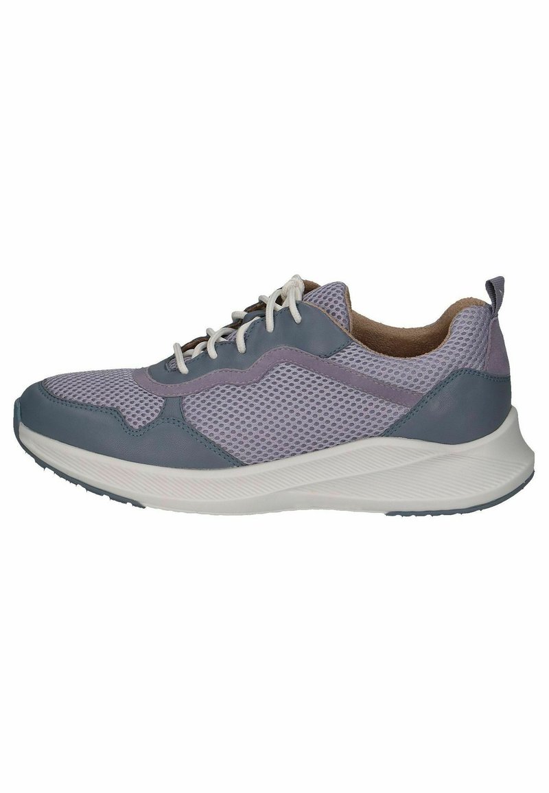 Light purple sneakers featuring mesh and synthetic leather materials, a cushioned sole, and contrasting gray accents. Lightweight with a rounded toe.
