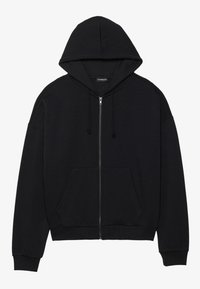 Felpa nera con zip realizzata in tessuto morbido, dotata di cappuccio, tasche anteriori e polsini e orlo a costine. Design semplice senza motivi o dettagli.