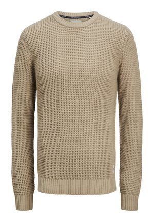 Béžový pletený sveter s dlhými rukávmi, textúrovaným vzorom wafle, okrúhlym výstrihom a rebrovanými manžetami a lemom.