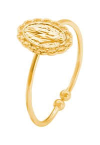 Goldplattierter Ring mit einer ovalen Medaille und detaillierter Gravur, umgeben von einem strukturierten gewellten Rand; glatter Ring mit zwei kugelförmigen Akzenten.