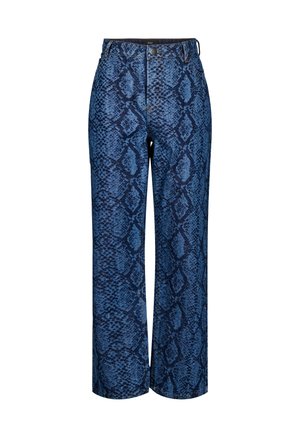 Blauwe hoge taille wijde jeans met een donkerblauw slangenpatroon en knoopsluiting bij de taille.