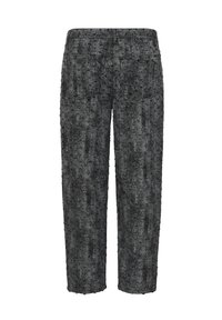 Pantalons texturés gris foncé avec une coupe droite, une taille élastique et deux poches plaquées au dos.