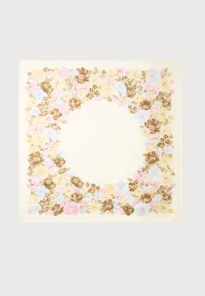 Quadratisches Halstuch mit floralem Rand, der pastellrosa, blaue, gelbe und braune Blumen auf cremefarbenem Hintergrund zeigt.