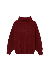 Roter strukturierter Strickpullover mit hohem rollierten Kragen, langen Ärmeln und gerippten Bündchen und Saum, von hinten gezeigt.