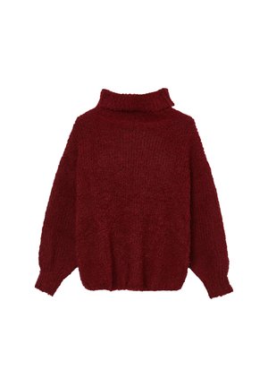 Pullover a maglia rossa con una collare alto e arrotolato, maniche lunghe e polsini e fondo a costine, mostrato di spalle.