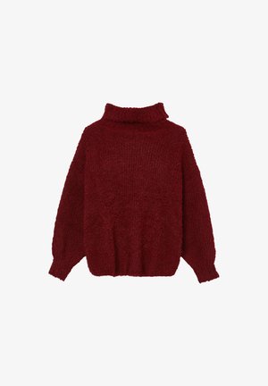 Roter strukturierter Strickpullover mit hohem rollierten Kragen, langen Ärmeln und gerippten Bündchen und Saum, von hinten gezeigt.
