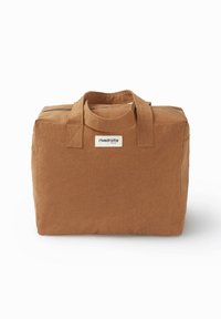 Sac fourre-tout en tissu marron avec deux poignées et fermeture éclair. Présente une étiquette blanche avec "rivedroite" et "PARIS" imprimés. Forme carrée et surface texturée.