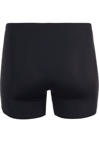 Schwarze Schwimmshorts aus glattem, dehnbarem Material. Kurze Länge, einfaches Design und ein elastischer Bund ohne sichtbare Details oder Akzente.
