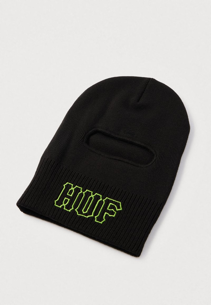 Balaclava neagră tricotată cu o deschidere pentru un singur ochi și broderie cu logo-ul "HUF" de culoare verde neon pe marginea inferioară frontală.