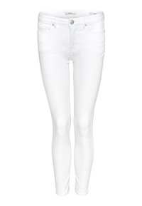 Jean skinny blanc avec bouton devant, fermeture éclair, passants de ceinture et design cinq poches, présenté sur un fond blanc uni.