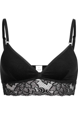 Zwarte bralette met een driehoekige vorm, gemaakt van soepele stof. Heeft een kanten rand aan de onderkant met bloempatronen en verstelbare bandjes.