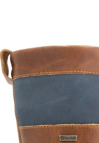 Läderbehållare med brun topp och blå nederdel. Har en texturerad yta, synliga sömmar och en liten metalllogotyp på det bruna området.