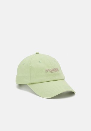 Casquette de baseball vert clair avec une visière incurvée et un texte discrètement brodé sur le panneau avant sur un fond uni.