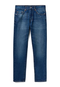 Donkerblauwe denim jeans met een rechte pijp, vijf zakken, oranje stiksels en een klassieke knoopsluiting.