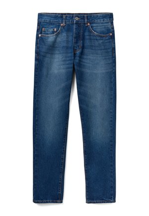 Dunkelblaue Jeans aus Denim mit geradem Schnitt, fünf Taschen, orangefarbener Stickerei und klassischem Knopfverschluss.