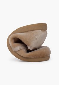 Pantofole beige con tomaia in morbido velluto, forma arrotondata e suola imbottita; si piegano verso l'interno per riporle. Texture liscia senza motivi particolari.