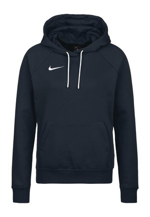 Sweat à capuche Nike bleu marine avec cordons blancs, poche kangourou à l'avant et logo Nike swoosh blanc sur la poitrine gauche.