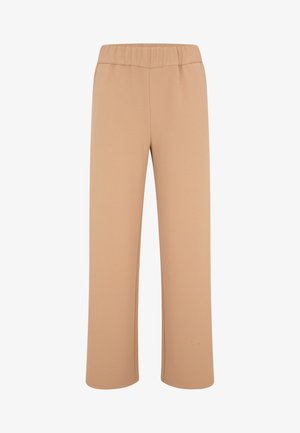 Beige wide-leg pants made of soft, stretchy fabric. Features an elastic waistband and a smooth, uniform texture with no visible pattern.