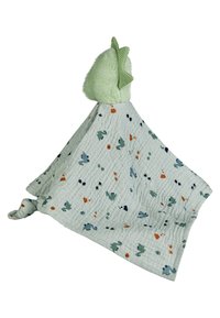 Dino-themed lovey blanket in soft, textured mint fabric; features colorful animal patterns and a plush dino head with green accents.