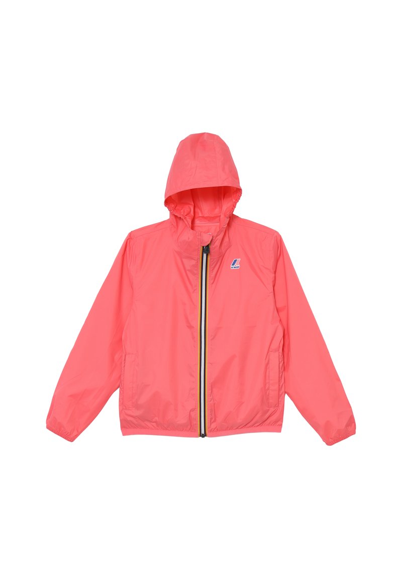 Giacca leggera rosa con cappuccio e zip frontale, polsini elasticizzati e accento della zip verde-giallo. Presenta il logo sulla parte superiore sinistra del petto.