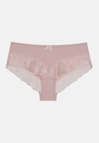 Mutandine rosa chiaro con bordo in pizzo floreale e un fiocco in raso in vita. Presentano un tessuto morbido e bordi scallopati per un tocco di dettaglio in più.