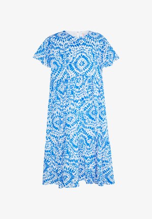 Kék és fehér mintás ruha kerek nyakkivágással, rövid ujjakkal és réteges szoknyával. Virágmintával díszítve, különböző kék árnyalatokban.