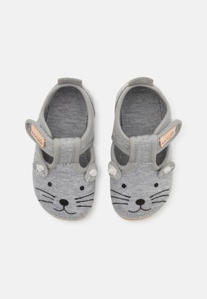 Gray fabric slip-on shoes shaped like a cat, featuring embroidered face details, whiskers, ears, and a textured sole for grip.