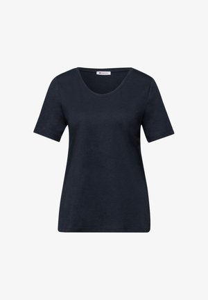 Laivastonsininen naisten lyhythihainen T-paita pyöreällä pääntiellä ja tavallisella istuvuudella, jossa Street One -merkintä kauluksen sisäpuolella.