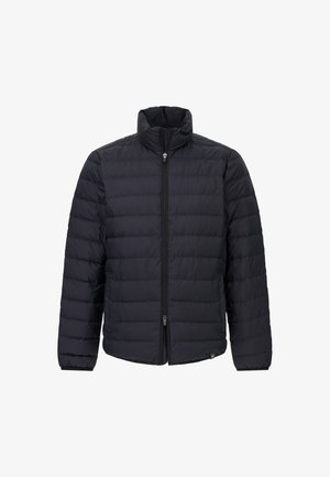 Czarna puchowa kurtka z wysokim kołnierzem, przednim zamkiem błyskawicznym i teksturowanym pikowanym wzorem. Posiada długie rękawy i prosty dół.