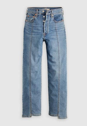 Light blue denim jeans with a straight-leg cut, button fly, front pockets, visible stitching, and contrasting side panels.