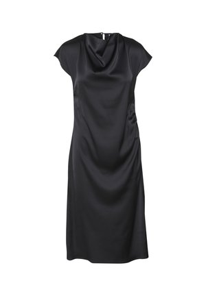Czarna satynowa sukienka z dekoltem wcale, rękawami o długości 1/2 oraz marszczeniem po bokach. Gładka tekstura i długość do kolan. Obecny detal z tyłu na zapięcie.