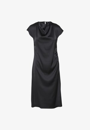 Czarna satynowa sukienka z dekoltem wcale, rękawami o długości 1/2 oraz marszczeniem po bokach. Gładka tekstura i długość do kolan. Obecny detal z tyłu na zapięcie.