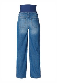 Höga jeans med vid benmodell, ljusblå färg, subtil blekning och två bakfickor. Elastisk midja i marinblå.