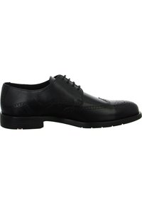 Schwarzer Leder-Dressschuh mit klassischer Form, perforierten Details, glatter Oberfläche und robuster schwarzer Gummisohle.