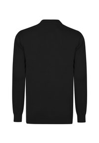 Cardigan lavorato a maglia nera con maniche lunghe, scollatura rotonda e polsini e orlo a coste. Texture liscia senza pattern o accenti visibili.