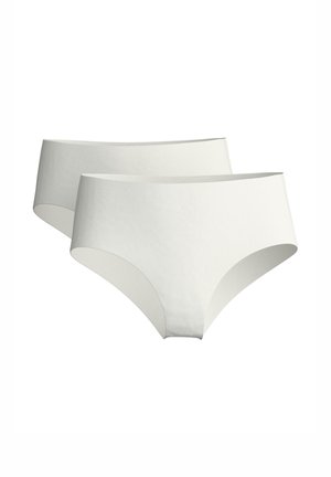 Twee eenvoudige witte naadloze hipster-stijl damesonderbroeken weergegeven op een witte achtergrond.