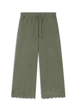 Pantaloni a gamba larga verde oliva con vita elastica, cordoncino, tasche laterali e orlo sagomato con dettagli floreali.