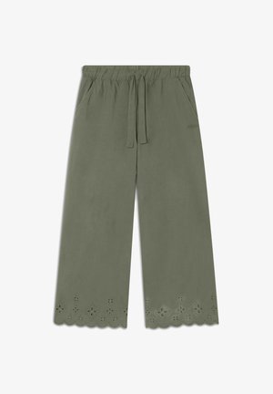 Pantaloni a gamba larga verde oliva con vita elastica, cordoncino, tasche laterali e orlo sagomato con dettagli floreali.