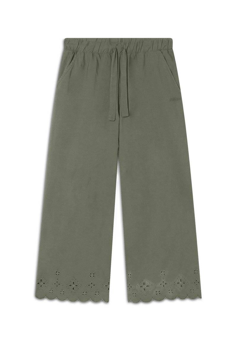 Pantaloni a gamba larga verde oliva con vita elastica, cordoncino, tasche laterali e orlo sagomato con dettagli floreali.