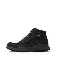Botas altas negras de ante, con cordones, un cuello acolchado en el tobillo, una suela texturizada y detalles de costura en contraste.