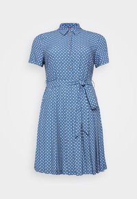 Mėlynas raštuotas suknelė su trumpomis rankovėmis, mygtukų priekyje, apykakle ir juosta ties liemeniu. Su džinsiniu raštu ir raudonais akcentais.