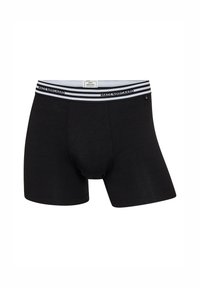Sorte bomuldsboksershorts med en tætsiddende pasform, der har en mærket elastisk talje med hvide og grå striber.