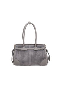 Borsa a tracolla in suede grigio con dettagli in pelle, doppi manici e tracolla removibile. Forma rettangolare con dettagli cuciti.