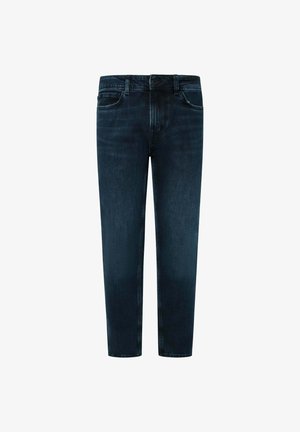 Tamno plave traperice s ravnim krojem, izrađene od traper tkanine. Sadrže pet džepova i prednje zatvaranje na dugme. Glatka tekstura.